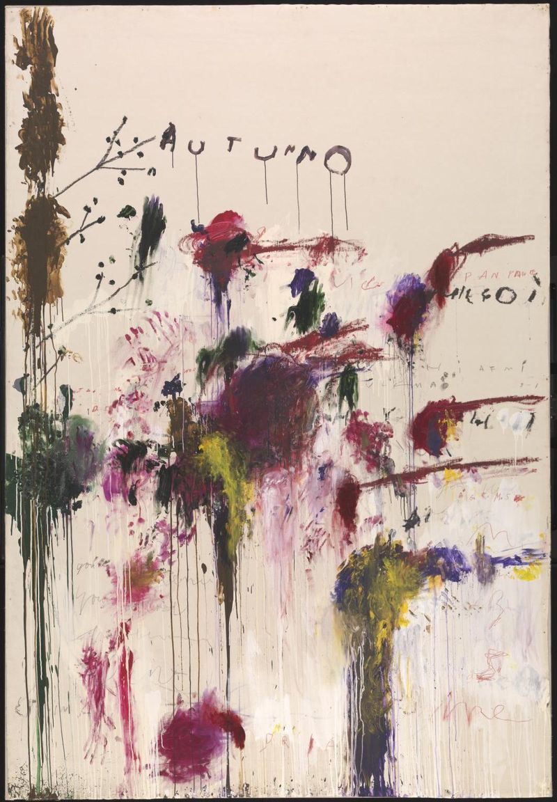 an abstract painting by Cy Twombly of blots and drips of coloured paint forming tree-like shapes