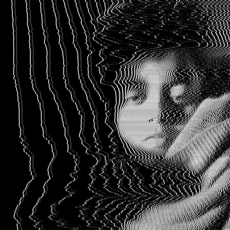 black and white distorted digital portrait of artist, Ix Shells
