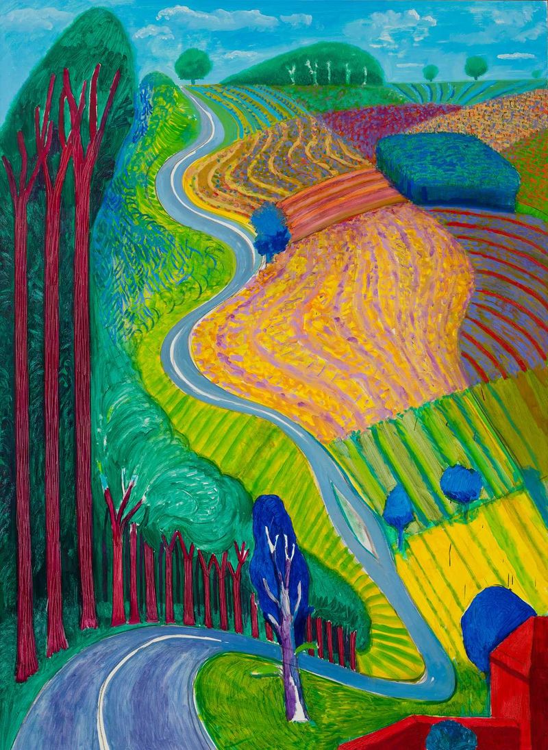 an abstracted winding road going up a steep hill next to pastoral fields in Northern England