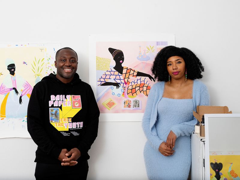 Curator Larry Ossei-Mensah with an artist Grace Lynne Haynes standing in the artist studio