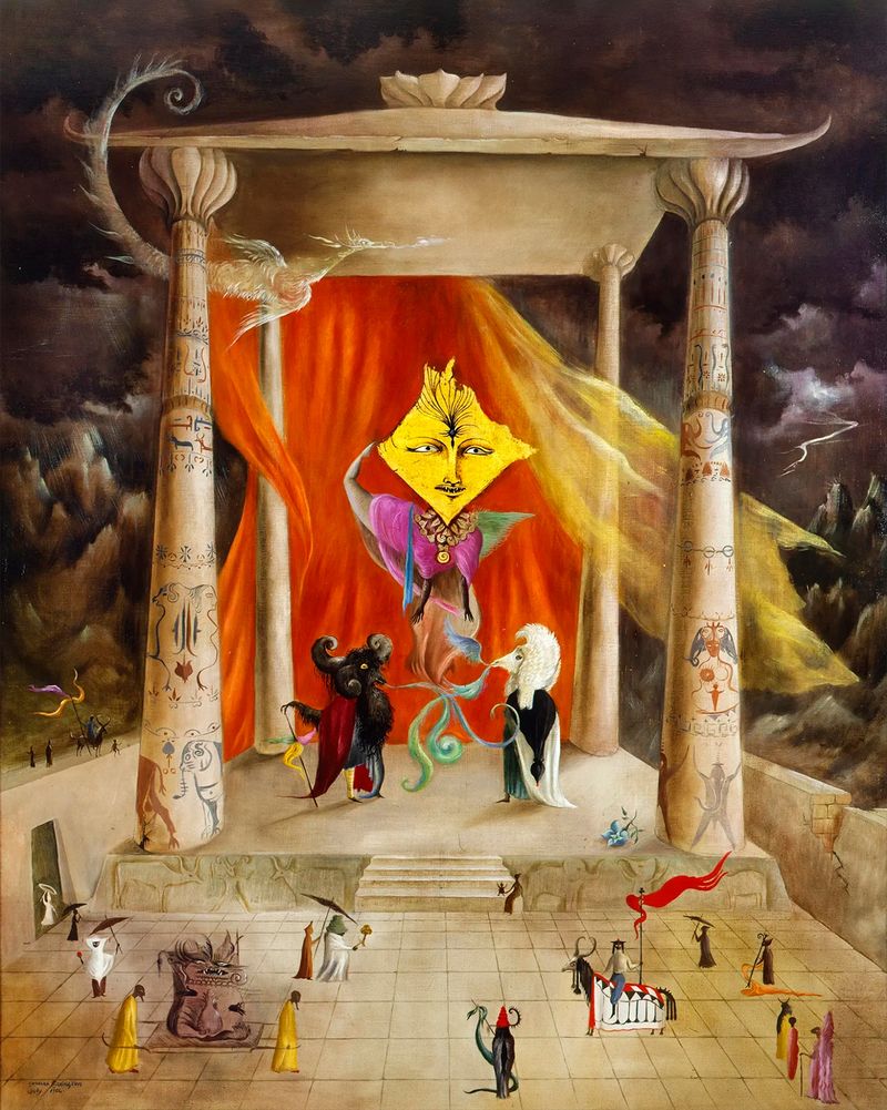 surreal painting of a temple by Leonora Carrington