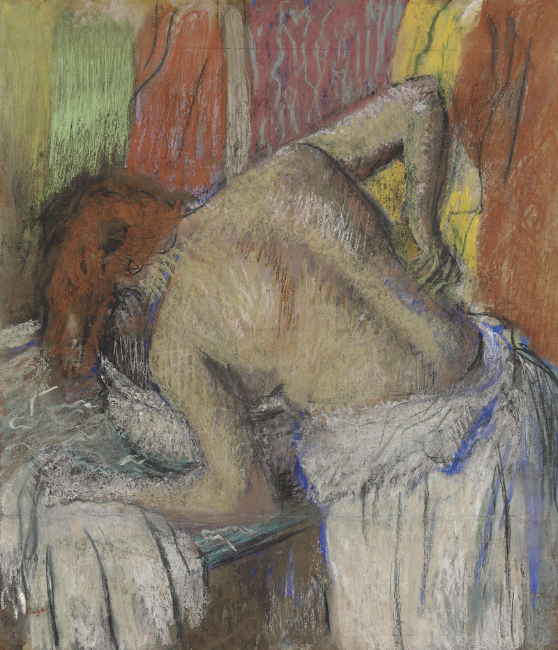 expressive drawing of a woman washing her back by Edgar Degas