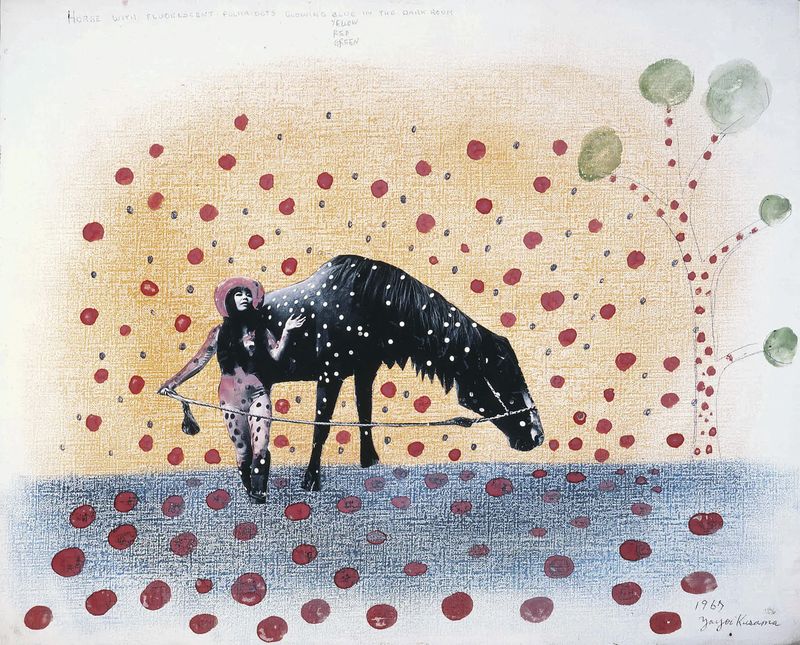 Yayoi Kusama leading a horse, covered in and surrounded by polka dots