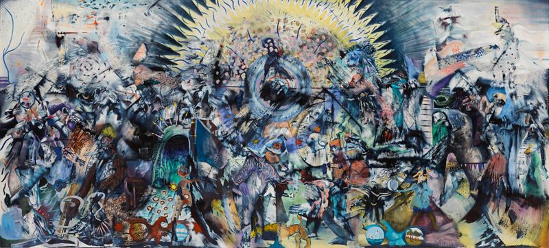 wide abstract painting with sun-like motif in its centre by Ali Banisadr