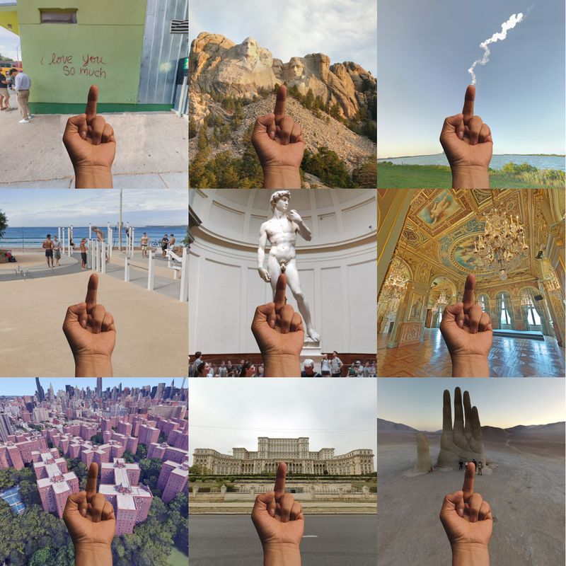 a grid of 9 submissions to Ai Weiwei's interactive artwork, placing his raised middle finger in front of a variety of locations