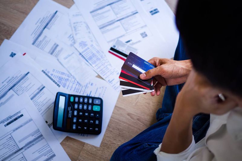 Jak si půjčit peníze a nedostat se do nesnází - Papíry s účty, kalkulačka a několik platebních karet