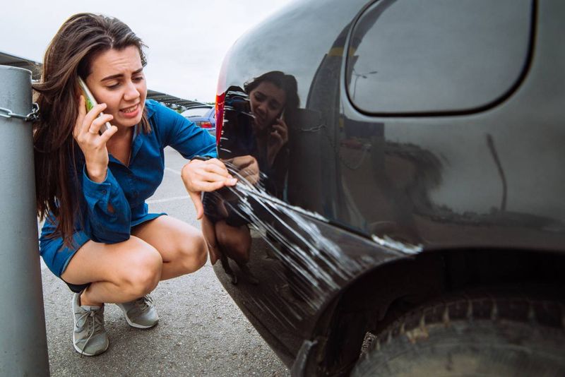 Jak řešit nabourané auto na parkovišti - Žena nahlašuje telefonem své poškrábané auto
