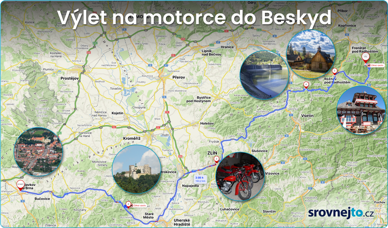 Tipy na výlety na motorce - Beskydy - mapka