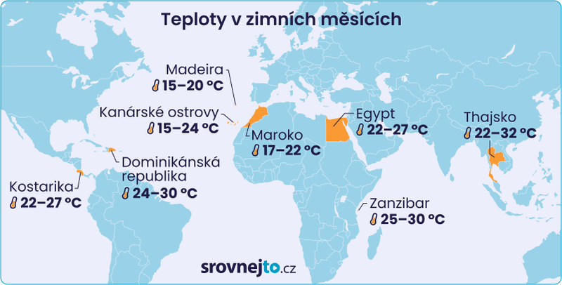 Mapa - teploty v zimních měsících v jednotlivých destinacích