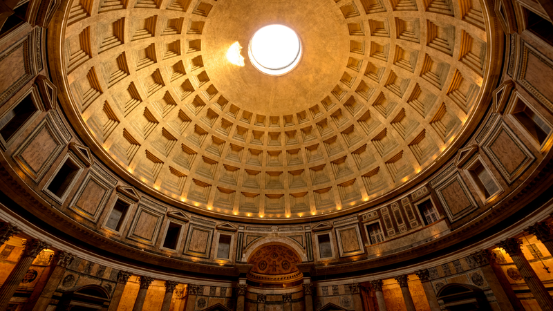 Looking up at the remarkable ceiling of the Pantheon in Rome