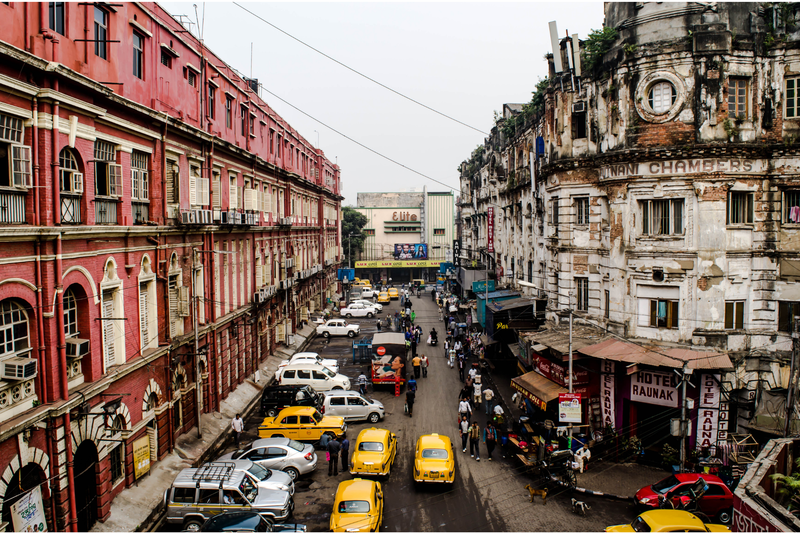 Streets of Kolkata with the signature yellow taxi