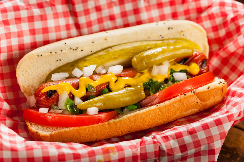 Chicago Style Hot Dog with mustard, pickle, tomato, relish and onion