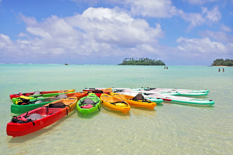 Colourful kayaks at Muri Lagoon in Rarotonga, Cook Islands.