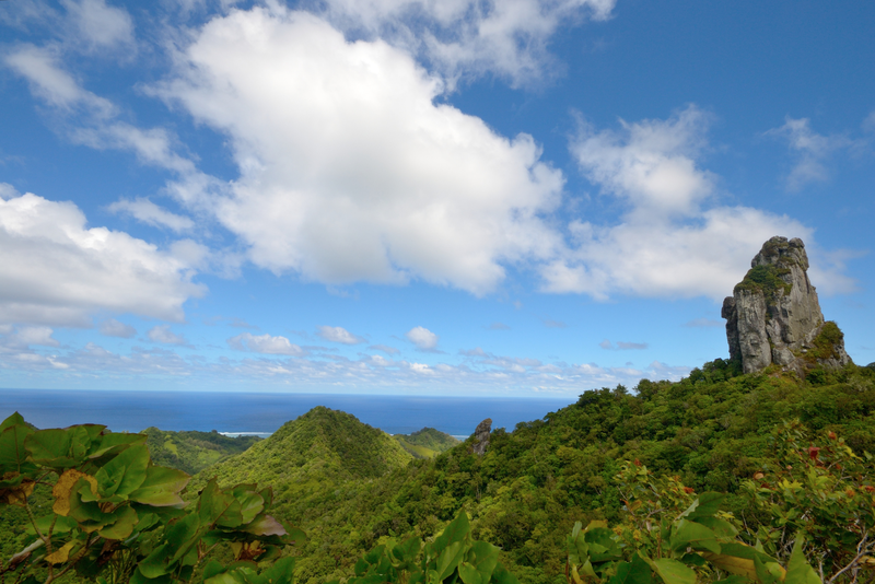 Beautiful view from The Needle, overlooking volcanic peaks in the middle of Rarotonga, Cook Islands.