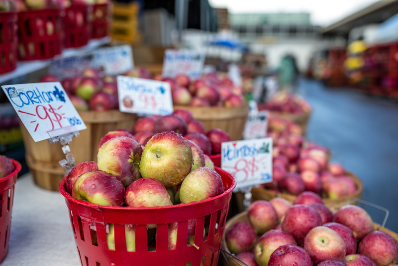 Apple baskets in a market stall in the Jean-Talon Market, Montreal. 