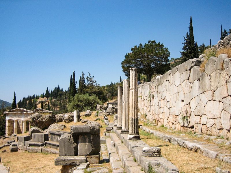 The ruins of the Stoa of the Athenians in Delphi