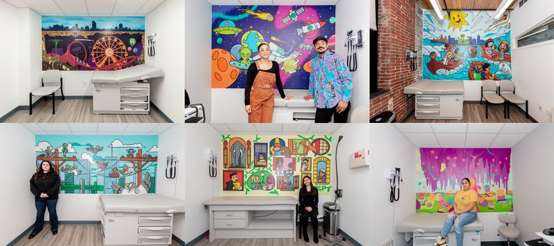 AFH Teen graphic designers pose in front of their graphic murals created for Boston Community Pediatrics