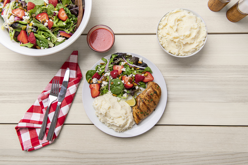 Grilled Chicken & Strawberry Summer Salad with Roasted Garlic Mashed Potatoes
