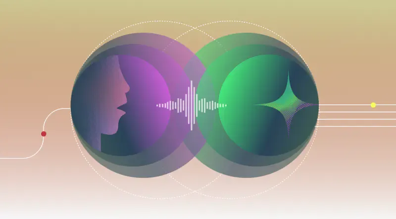 Two overlapping orbs depicting seamless human and AI voice integration with central waveform