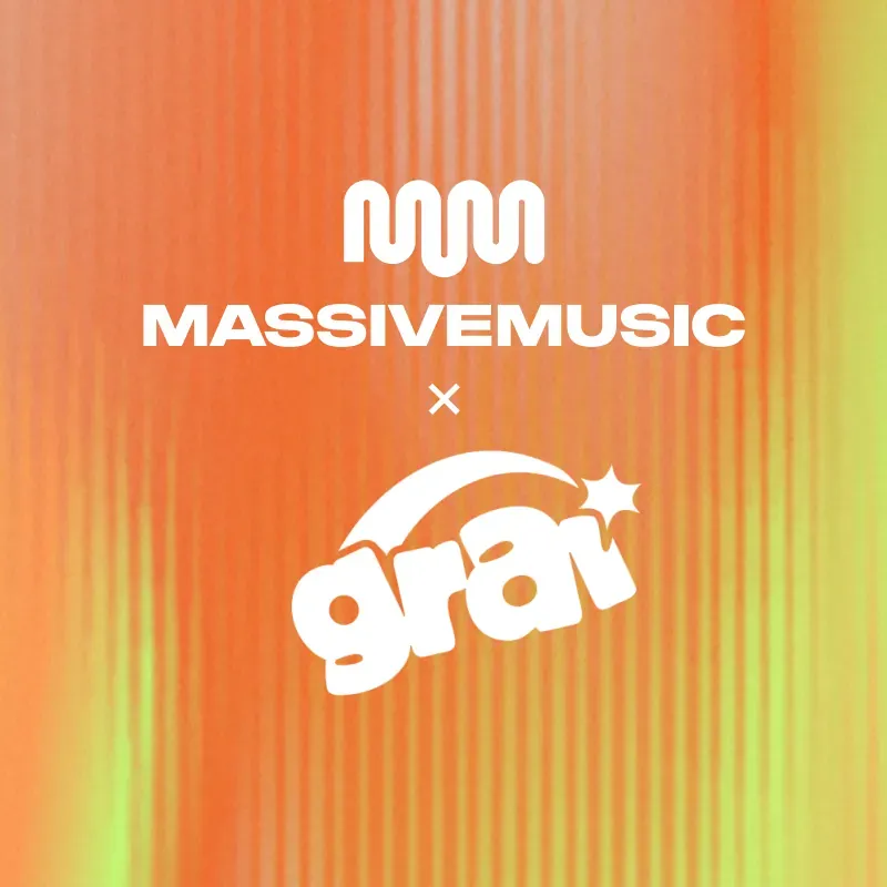 MassiveMusic logo above the GRAI wordmark, marking the partnership on music infrastructure and AI training data