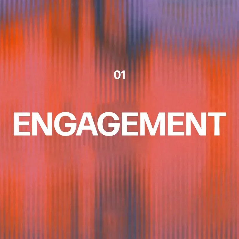 Card numbered 01 reading Engagement on a red and purple gradient, measuring how deeply music captures attention