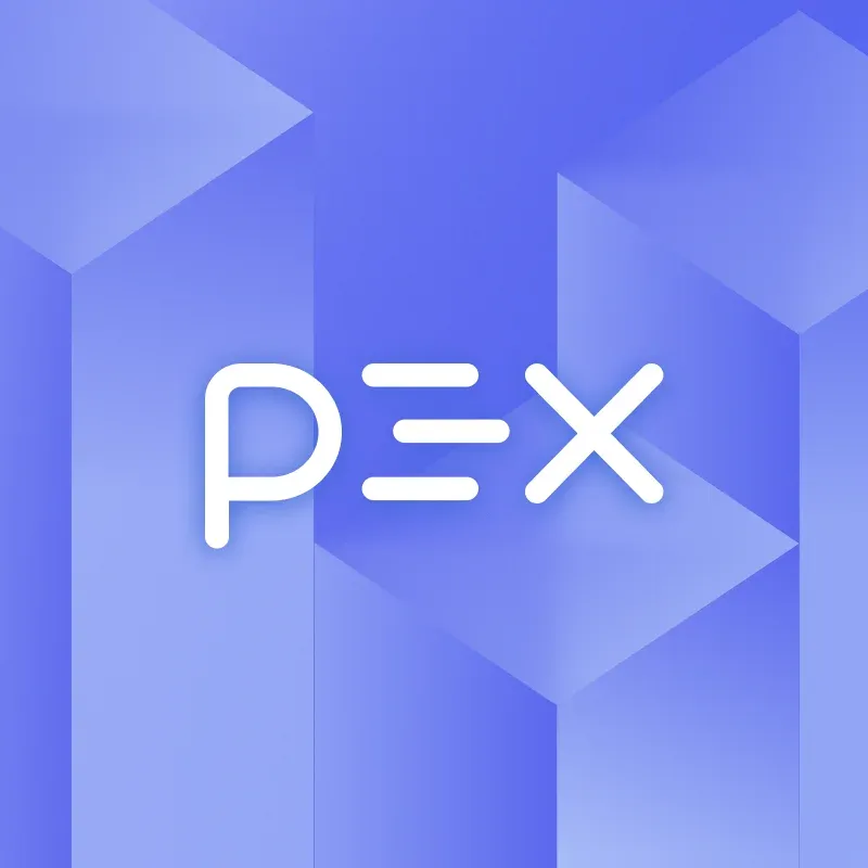 PEX wordmark over a blue geometric block illustration, square hero of the PEX case study