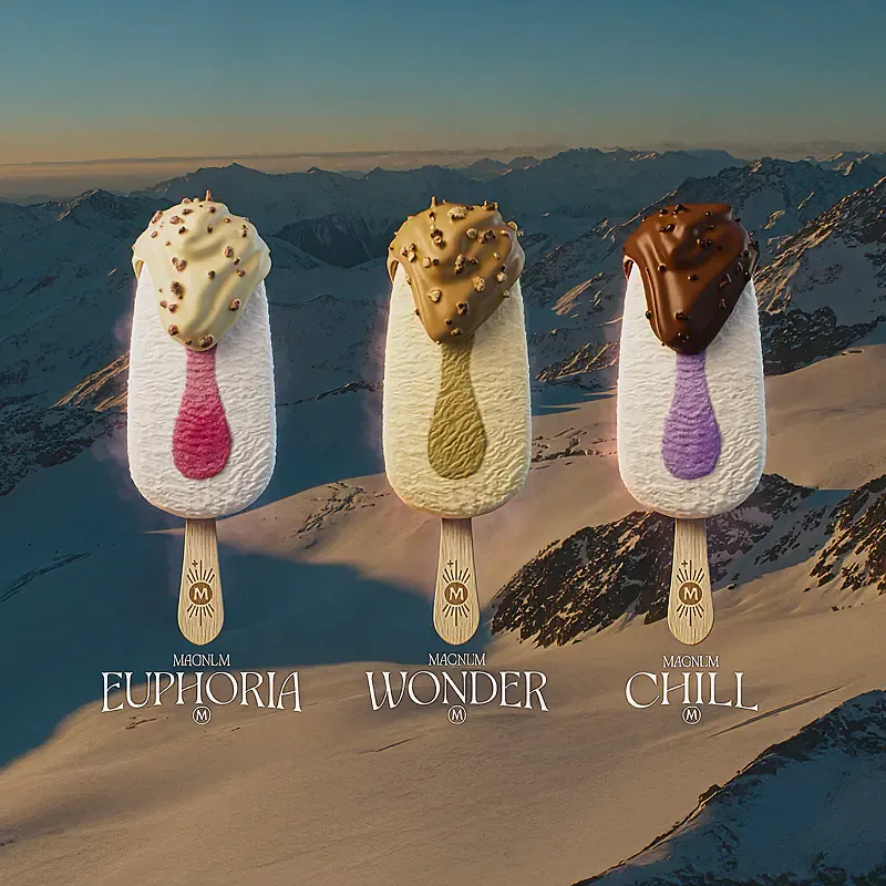 Magnum ice cream bars on snowy mountain peaks, square image from the Sound of Magnum campaign