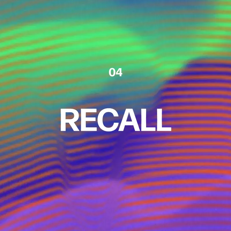 Card numbered 04 reading Recall on a rippled green and purple gradient, measuring how music connects back to the brand