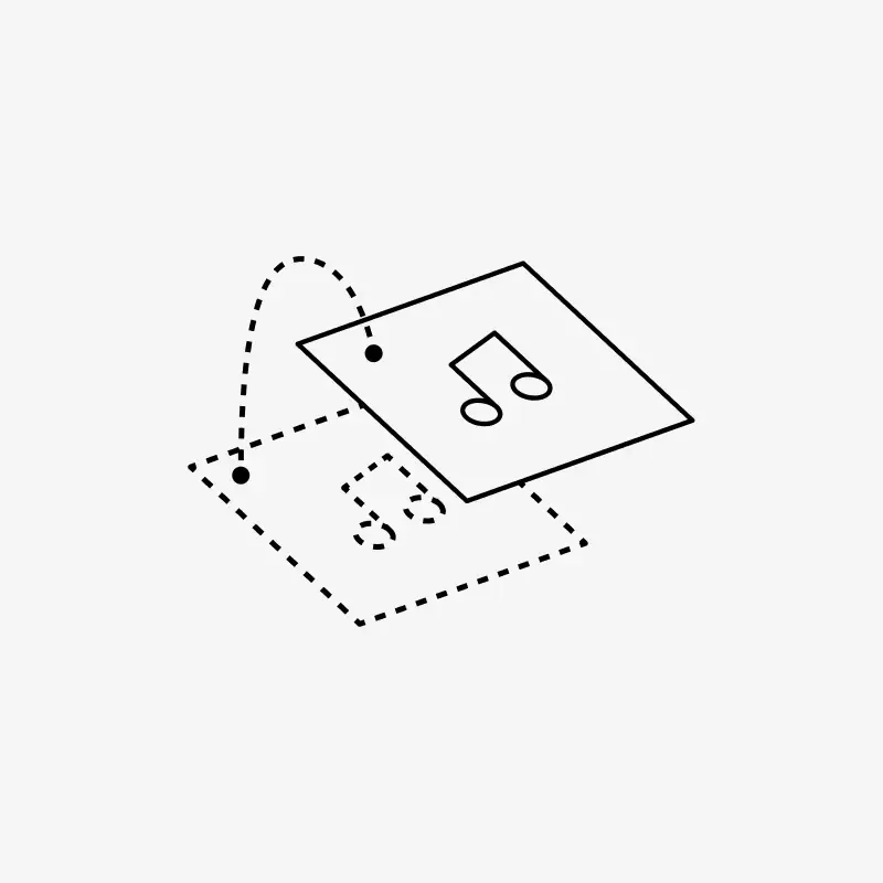 Line icon of an album tile with a music note moving along an arrow, representing catalog transfer