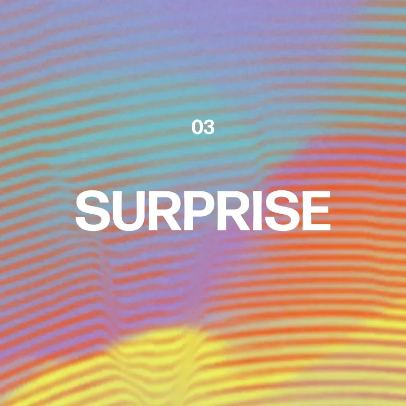 Card numbered 03 reading Surprise on pastel rainbow waves, measuring how music stands out and sparks curiosity