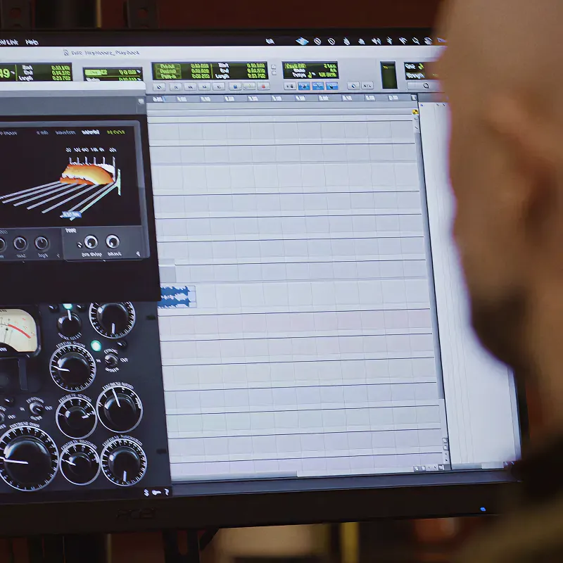 Audio mixing software on a studio monitor screen, from the Sound of Leffe campaign
