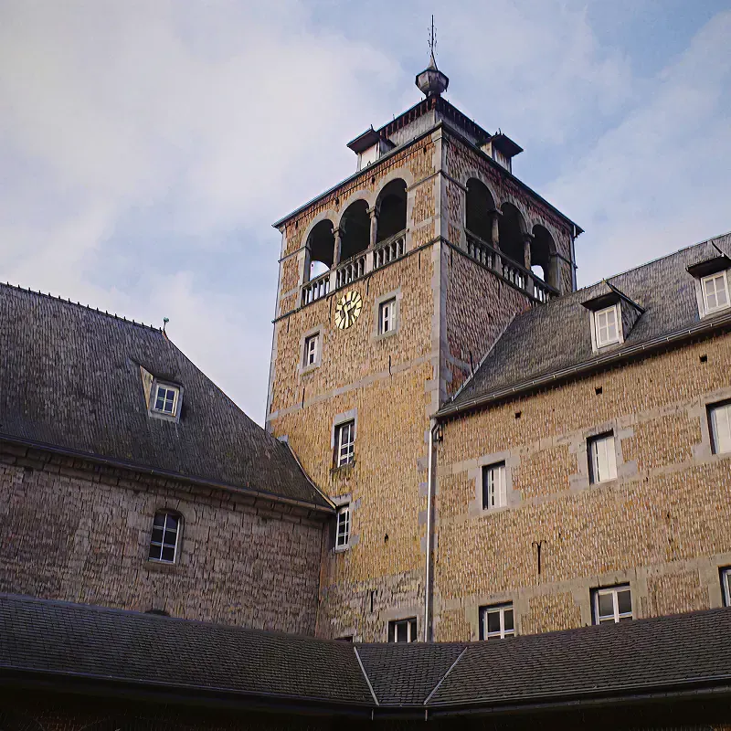 Exterior of a stone abbey tower, from the Sound of Leffe campaign