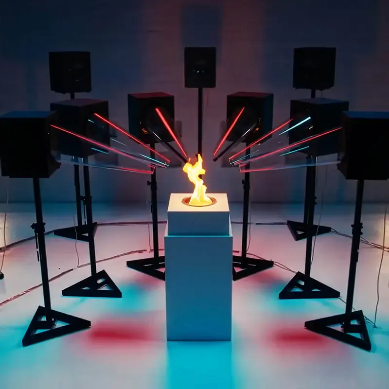 Flame on a pedestal surrounded by studio speakers, square image from the Sound of CRA campaign