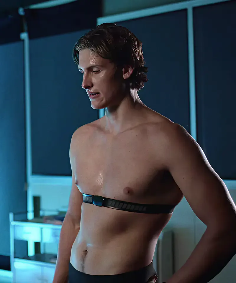 Athlete wearing a chest heart rate monitor, from the Sound of Samsung campaign