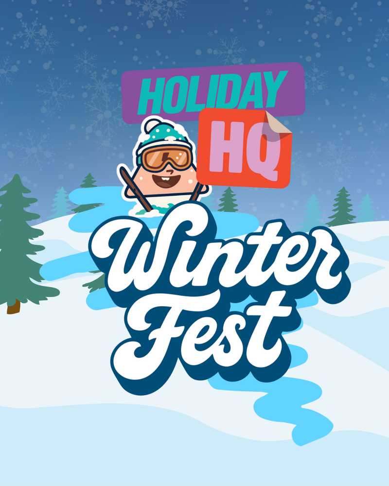 Cartoon character skiing in a snowy landscape with text 