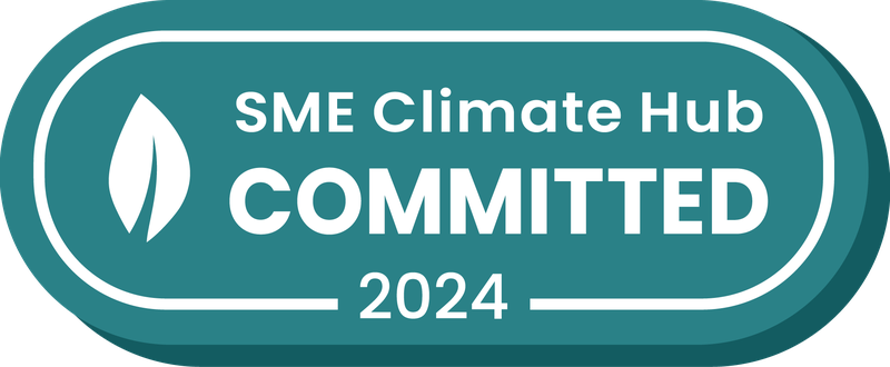 SME Climate Committed 2024 logo. Teal in colour with an icon of a leaf on the left-hand side
