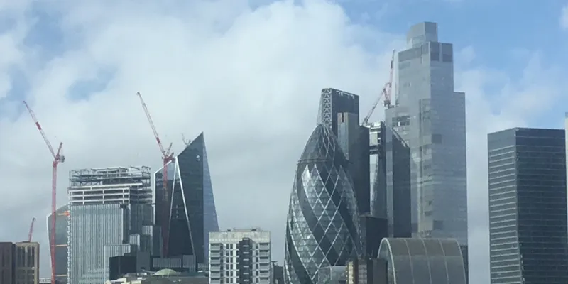 View of the Gherkin and other skyscrapers in London