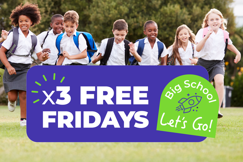 3 Free Fridays with kids running around in the background with school uniforms
