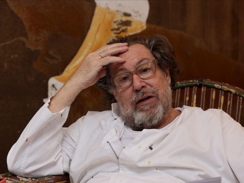 Julian Schnabel touching his forehead while sitting in a chair, talking to the camera
