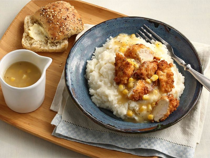 Mashed Potatoes with Crispy Chicken and Corn Gravy