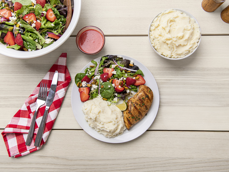Grilled Chicken & Strawberry Summer Salad with Roasted Garlic Mashed Potatoes