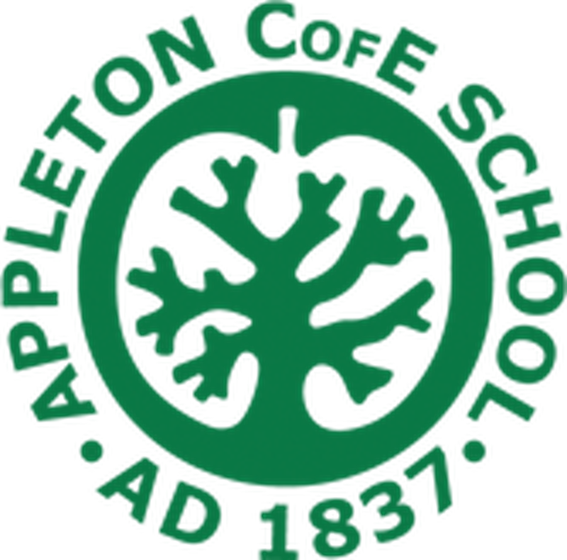 Logo of Appleton C of E Primary School. A green circle with a transparent apple shape cut out of the middle and a tree, similar looking to veins inside on the heart. 'Appleton CofE School AD 1837' written around the circular logo