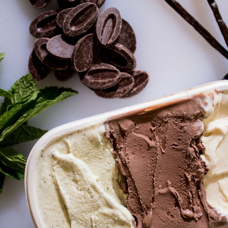Organic gelato ice cream vanilla chocolate and organic mint