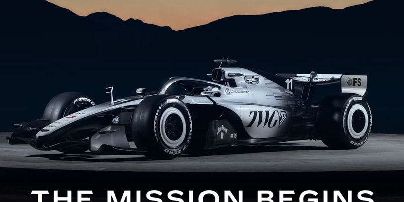 Cadillac F1 car with 'The Mission Begins'