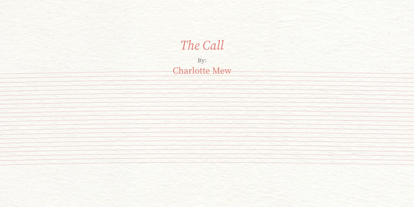 Title page of "The Call" by Charlotte Mew with red text on a textured, off-white background.