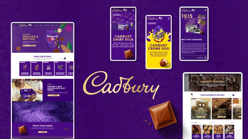 Cadbury website designs: homepage and recipes on desktop, product pages and timeline on mobile