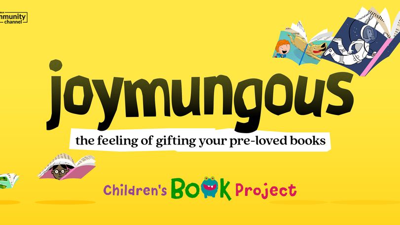 Yellow poster with "joymungous" in bold, character illustrations on books, and the text "the feeling of gifting your pre-loved books" below.