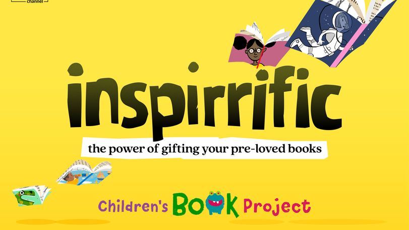 Yellow background with "inspirrific" in bold, promoting gifting pre-loved books through the Children's Book Project. Floating open books with illustrations.