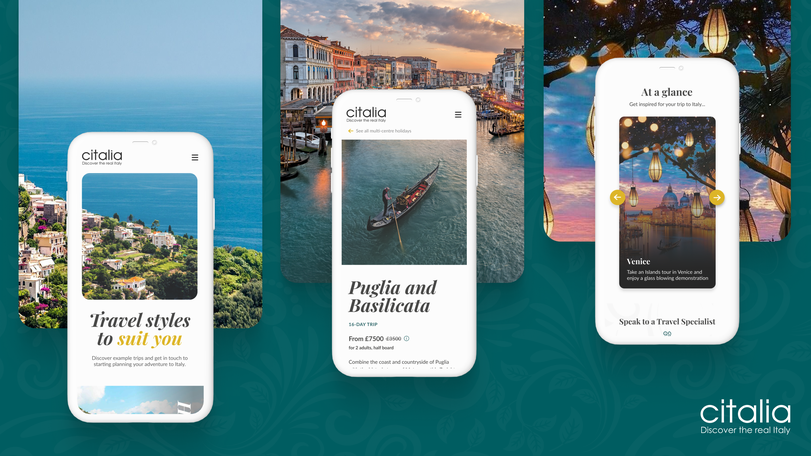 Citalia website designs in mobile devices: Homepage, Holiday page and Holiday types carousel