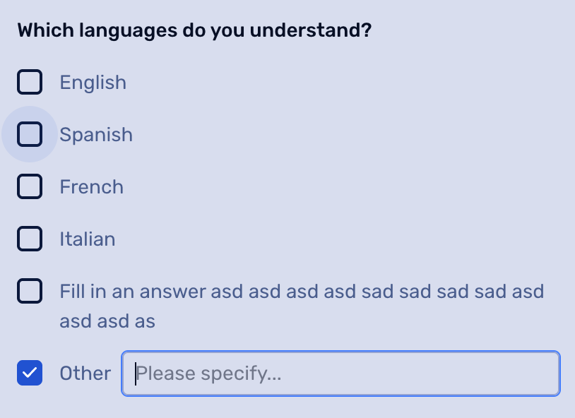 A form asks "Which languages do you understand?" with options: English, Spanish, French, Italian, a text entry labeled "Other," and nonsensical text.